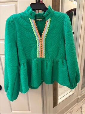 Green Quilted Peplum Crop Top with Ruffle Collar